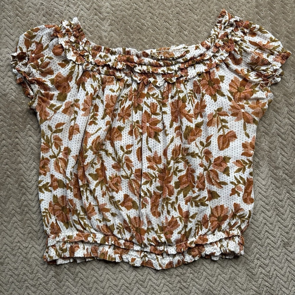 Free People Peasant Top Women's Medium Orange/Brown Floral Boho Hippie Ruffle